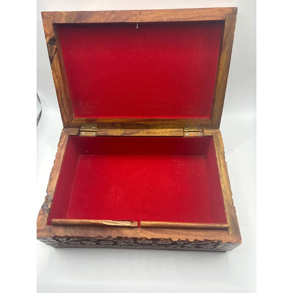 Hand Carved Floral Wooden Jewelry Box Red Velvet Lining Vintage Boho Keepsake